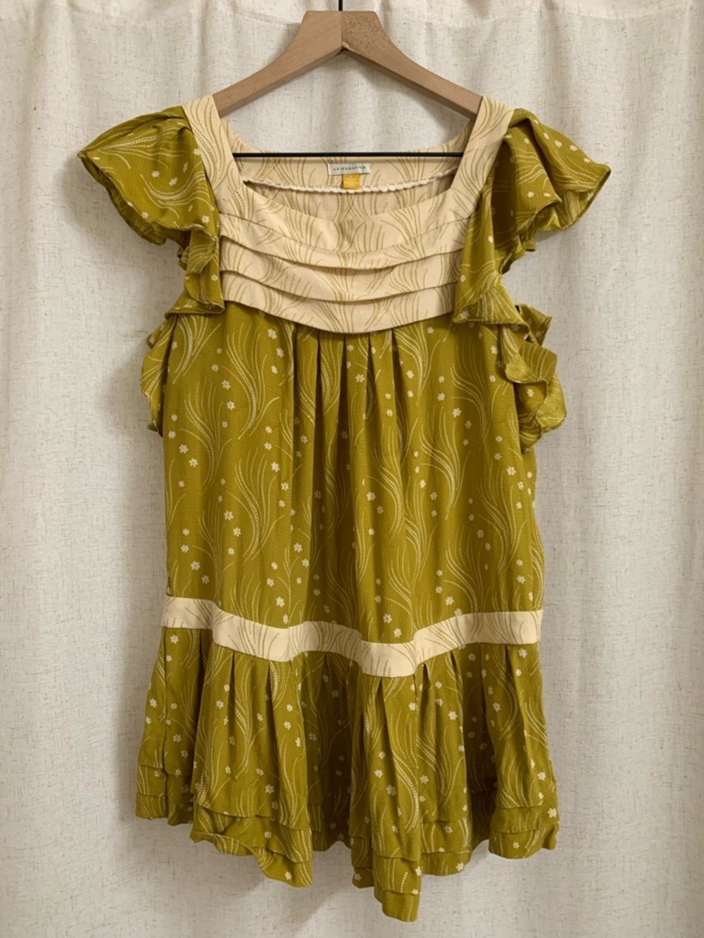 Leifsdottir Anthro 100% Silk Chartreuse Boho Ruffle Trim Women's Top 6